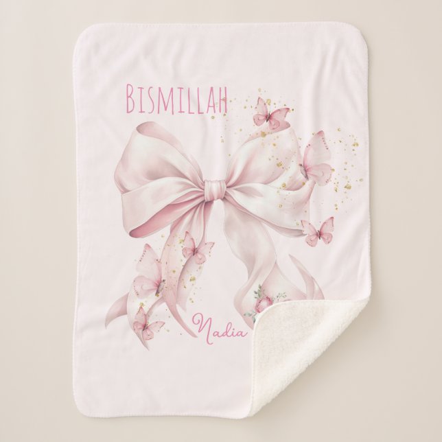 Pink Bow Butterflies Sherpa Blanket (Front)