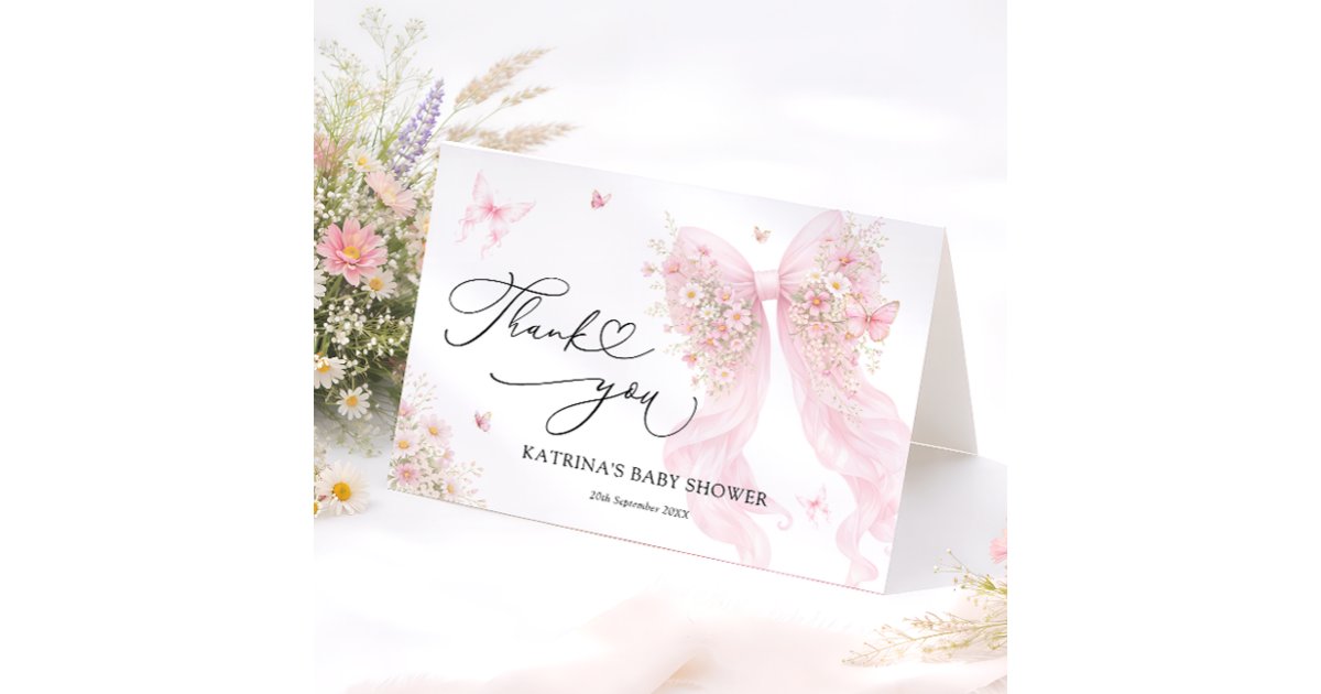 Pink Bow Butterfly Baby Shower Thank You Card | Zazzle