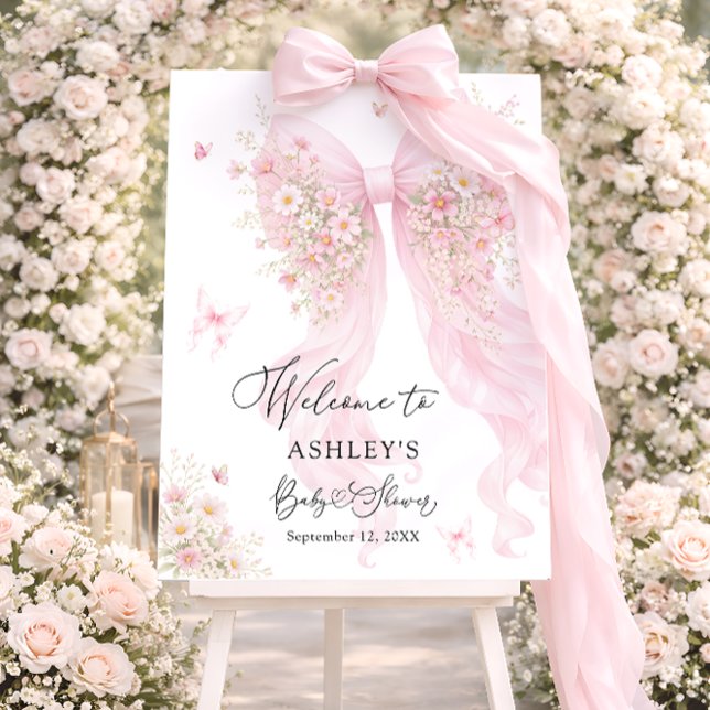 Pink Bow Butterfly Baby Shower Welcome Foam Board (Creator Uploaded)