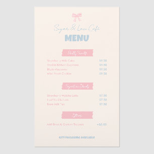 Pink Bow Cafe Menu Custom Bakery Pastel Cute