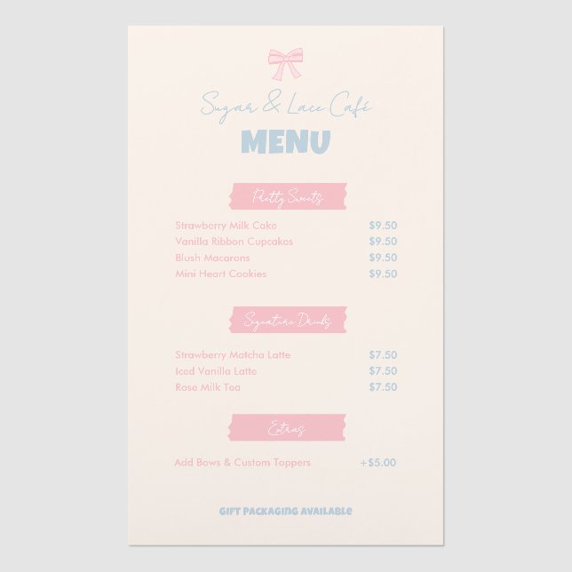 Pink Bow Cafe Menu Custom Bakery Pastel Cute (Front)