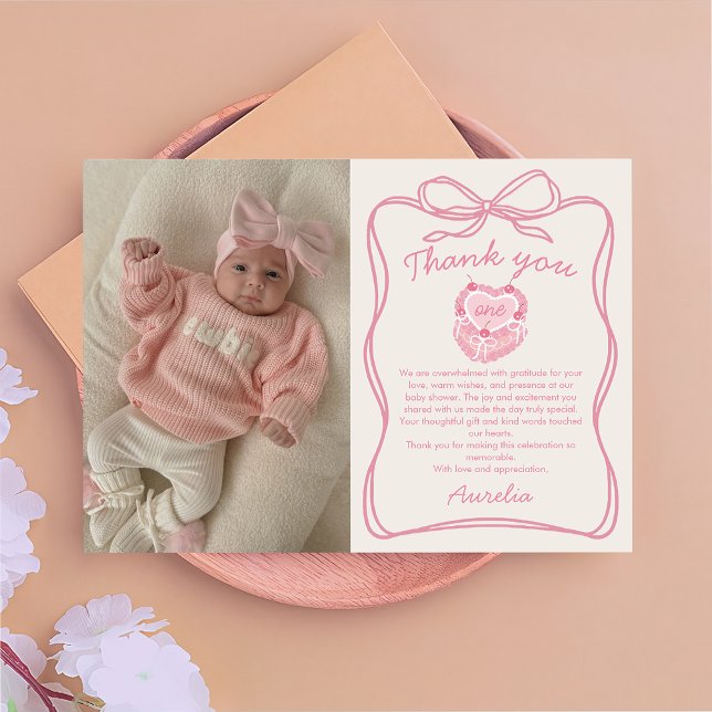 Pink Bow Cake Birthday Photo Thank You Card (Creator Uploaded)