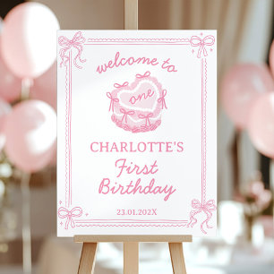 Pink Bow Cake Girl Birthday Welcome Sign
