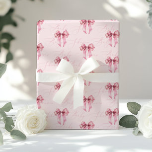 Pink Bow calligraphy modern Baby Shower Wrapping Paper
