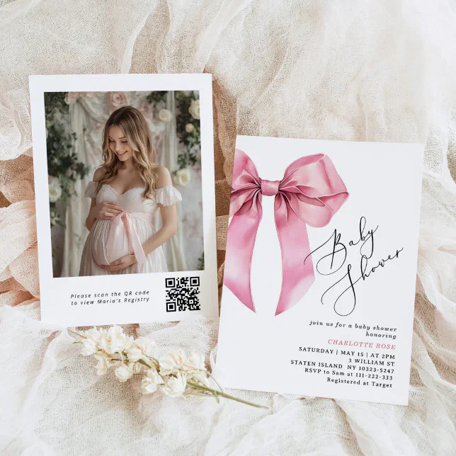 Pink Bow calligraphy Photo QR code Baby Shower Invitation | Zazzle