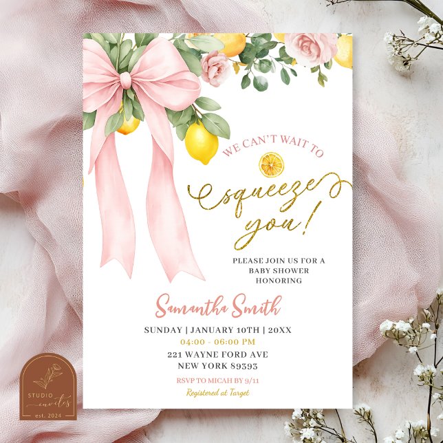 Pink Bow Can't Wait to Squeeze You Baby Shower Invitation (Creator Uploaded)