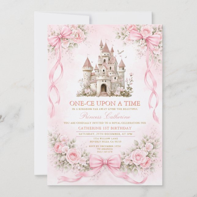 Pink Bow Castle First Birthday Invitation (Front)