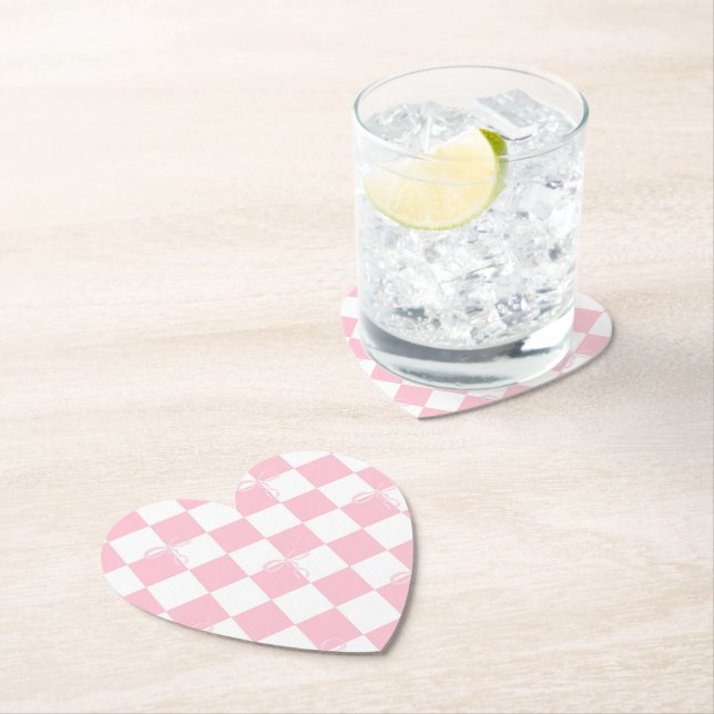 Pink Bow Checkered Girly Heart Shaped Paper Coaster (Insitu)