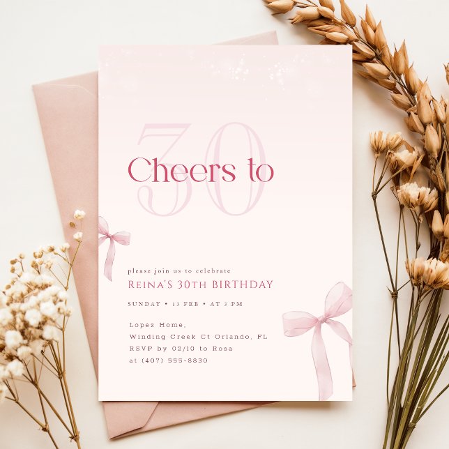 Pink Bow Cheers to Thirty 30th Birthday Invitation (Creator Uploaded)