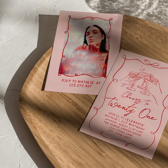  Pink Bow Cheers To Twenty One Photo Birthday Invitation (Creator Uploaded)