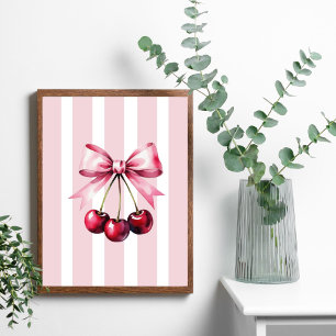 Pink Bow Cherries Coquette Aesthetic Stripes Girly Poster