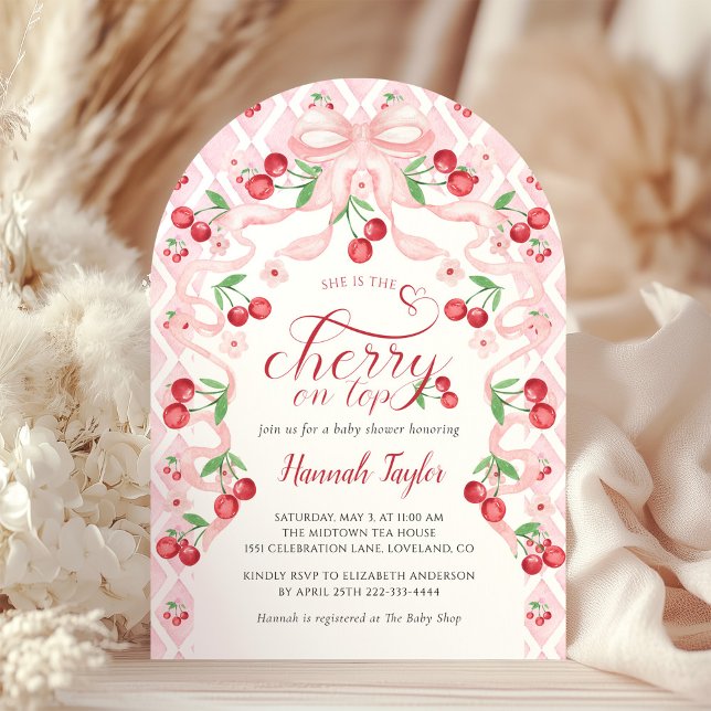Pink Bow Cherry Baby Shower Invitation (Creator Uploaded)