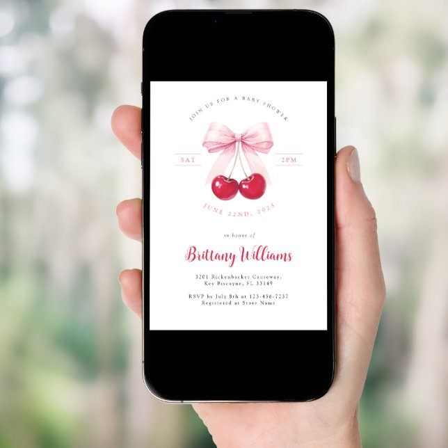 Pink Bow Cherry Baby Shower Invitation (Front Digital)
