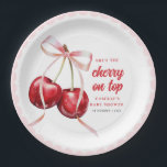 Pink Bow Cherry Baby Shower Paper Plate<br><div class="desc">Celebrate the upcoming arrival of your little one with this charming coquette "Cherry on Top" baby shower plate! Perfect for a sweet and sophisticated gathering,  this invitation features a delightful cherry illustration adorned with a coquette ribbon bow,  setting the tone for a lovely event.</div>