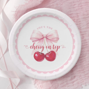 Pink Bow Cherry Baby Shower Paper Plates