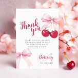 Pink Bow Cherry Baby Shower Thank You Card<br><div class="desc">Express your gratitude with a sweet thank you card featuring a delicate pink bow and watercolor cherries. Perfect for a chic baby shower theme.</div>