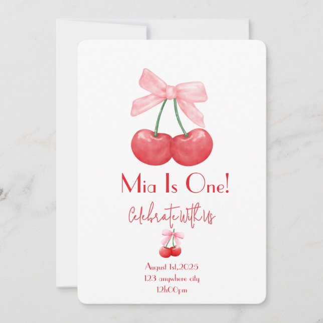 PINK BOW CHERRY BIRTHDAY INVITATION (Front)
