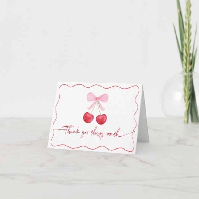 Pink Bow Cherry Birthday Thank You Card (Front)