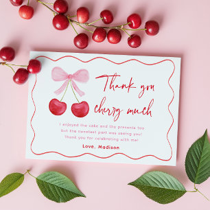 Pink Bow Cherry Birthday Thank You Card