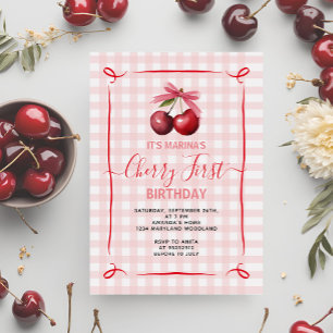 Pink Bow Cherry First Birthday Party Invitation