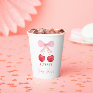 Pink Bow Cherry Girl Baby Shower Paper Cups