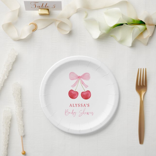 Pink Bow Cherry Girl Baby Shower Paper Plates (Wedding)