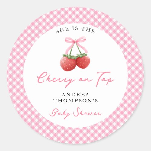 Pink Bow Cherry on Top Baby Shower Gingham Classic Round Sticker