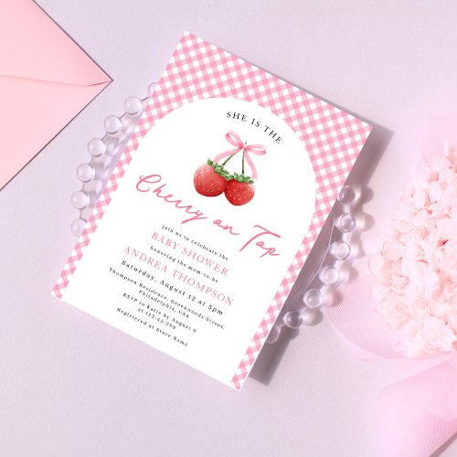 Pink Bow Cherry on Top Baby Shower Gingham Invitation