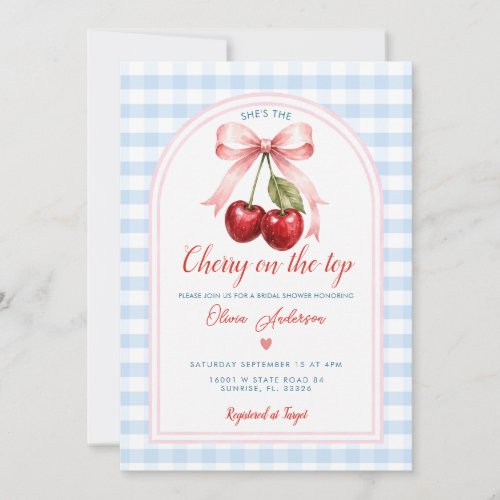Pink Bow Cherry on Top Bridal Shower Blue Gingham Invitation