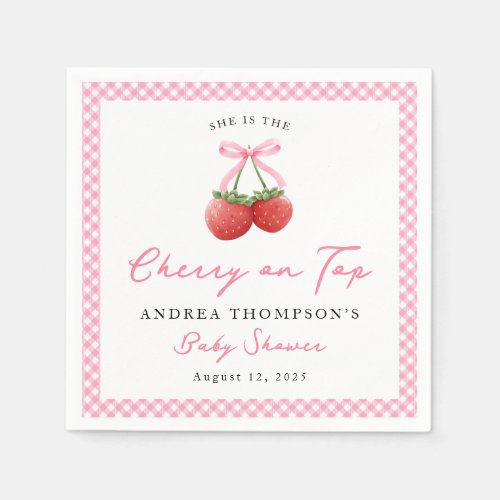 Pink Bow Cherry on Top Gingham Baby Shower   Napkins