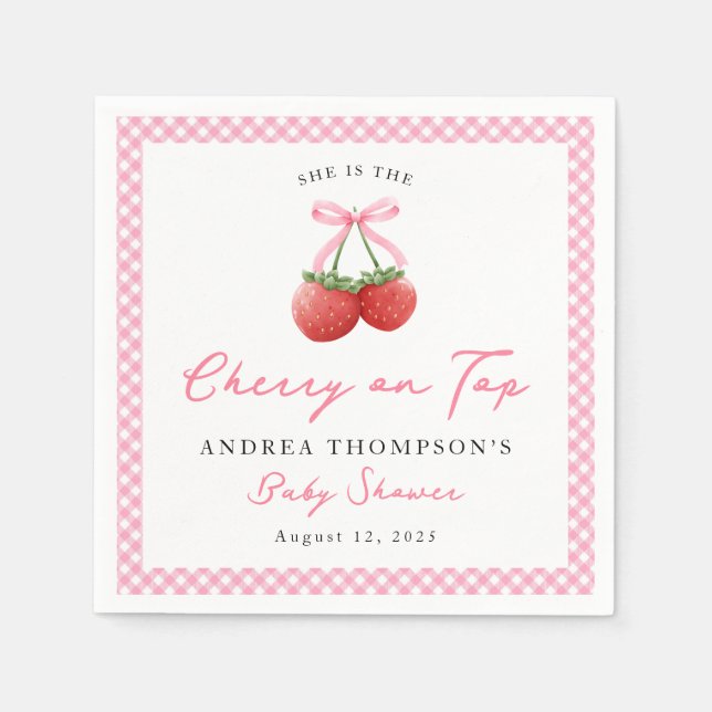 Pink Bow Cherry on Top Gingham Baby Shower   Napkins (Front)