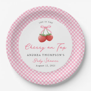 Pink Bow Cherry on Top Gingham Baby Shower   Paper Plates