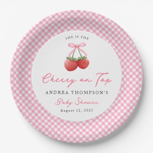 Pink Bow Cherry on Top Gingham Baby Shower   Paper Plates