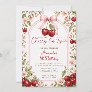 Pink Bow Cherry on Top Girl Birthday Party Floral Invitation