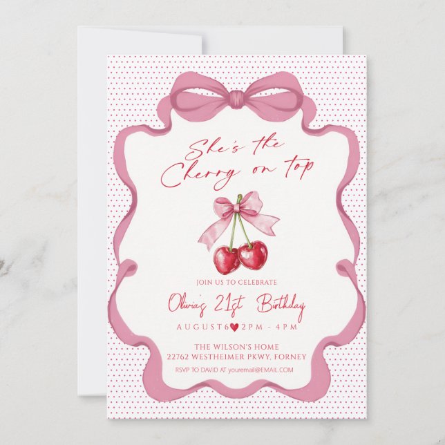 Pink bow cherry ribbon girl birthday Party Invitation (Front)