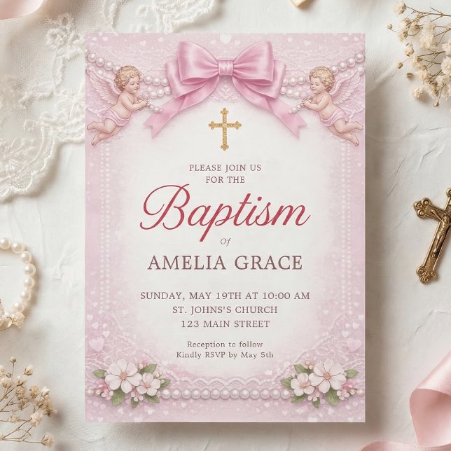 Pink Bow Cherub Baptism Floral Frame Invitation (Pink baptism invitation with cherubs, bow, pearls and floral lace details)
