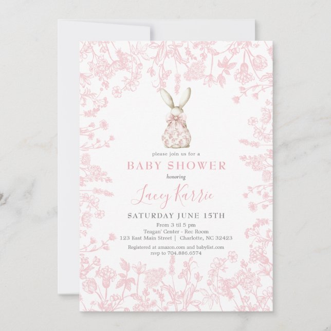 Pink Bow Chinoiserie bunny baby Shower Invitation (Front)