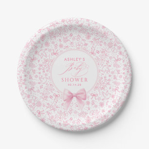 Pink Bow Chinoiserie Wildflowers Baby Shower  Paper Plates
