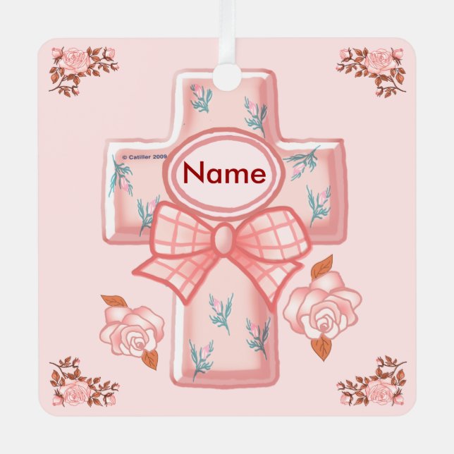 Pink Bow Christian Cross Ornament (Front)