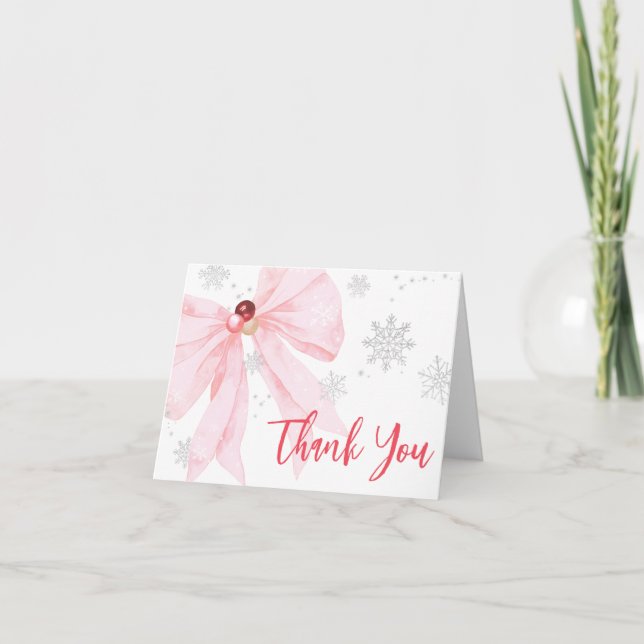 Pink Bow Christmas Baby Shower Thank You Card (Front)