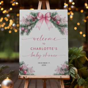 Pink Bow Christmas Baby Shower Welcome Sign