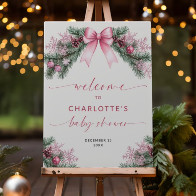 Pink Bow Christmas Baby Shower Welcome Sign (Creator Uploaded)