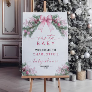 Pink Bow Christmas Santa Baby Shower Welcome Sign