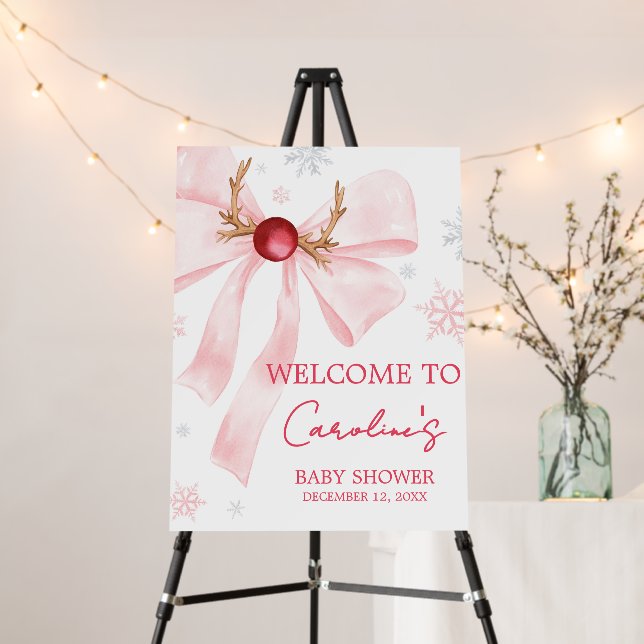 Pink Bow Christmas Snowflakes Baby Welcome Sign (In Situ (Stand))