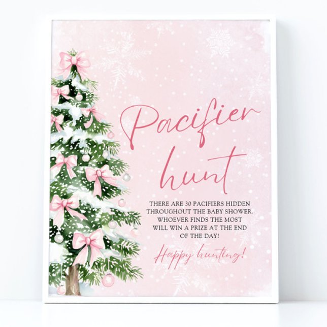 Pink Bow Christmas Tree Baby Shower Pacifier Hunt Poster (Pink Bow Christmas Tree Baby Shower Pacifier Hunt Game Sign)