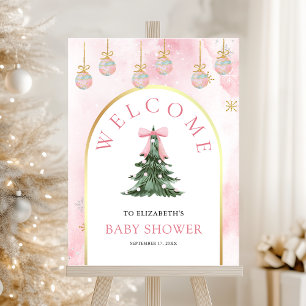 Pink Bow Christmas Tree Baby Shower Welcome Sign
