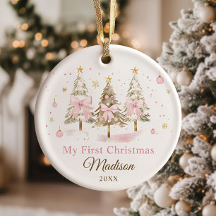 Pink Bow Christmas Tree Girl First Christmas Ceramic Ornament