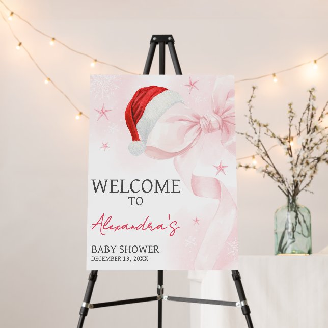 Pink Bow Christmas Winter Baby Shower Welcome Sign (In Situ (Stand))