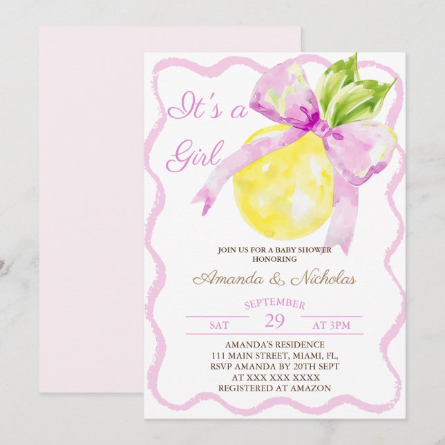 Pink Bow Citrus Girl Baby Shower Invitation (Front/Back)