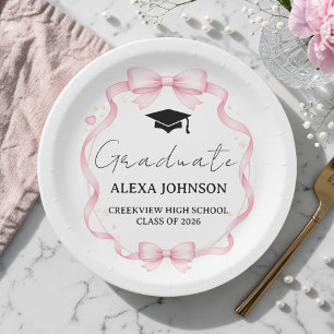 Pink Bow Class Of 2026 Graduation Cap Graduate Paper Plates